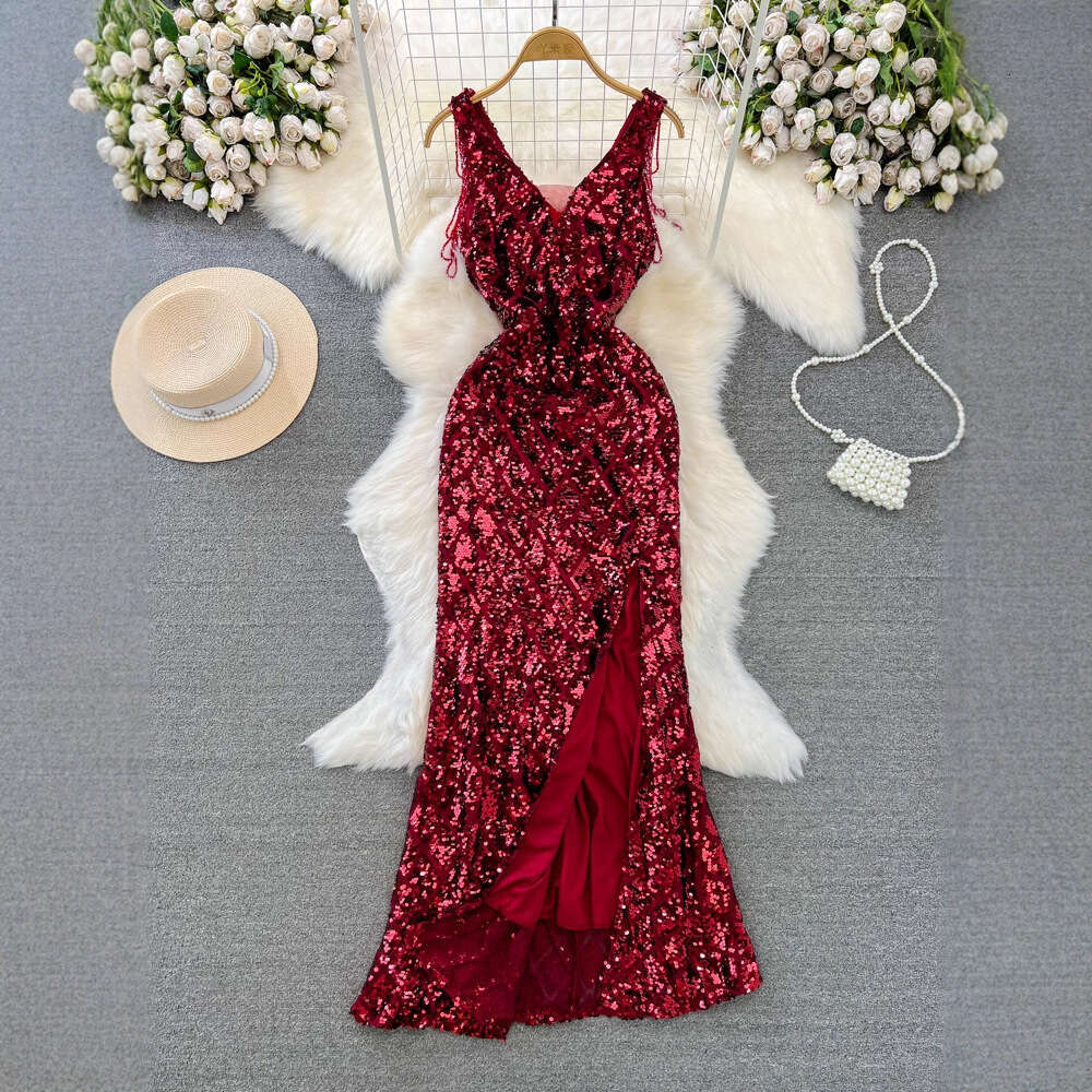2026 Evening Dress Banquet Elegant Long Dress V-neck Waist Slimming Glitter Split and Tight Design