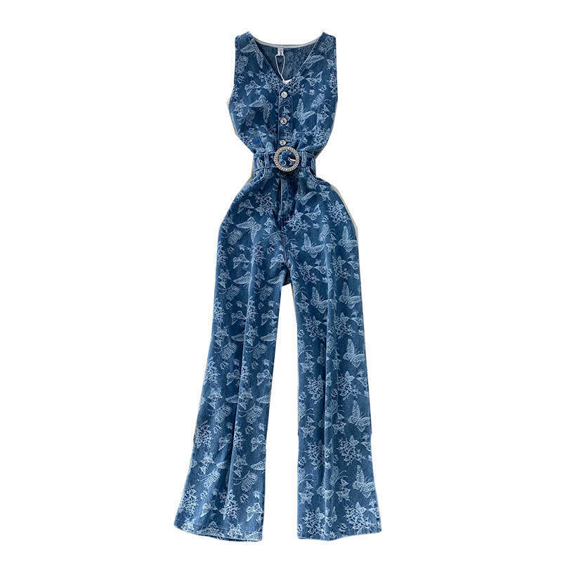 2026 Spring and Summer New Retro Jacquard Women's Cowboy High end Waist Tightening Casual Straight Wide Leg jumpsuit