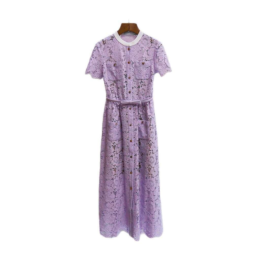 2026 Spring and Summer New French High end Social Embroidered Lace Round Neck A-line Waist Long Dress for Women