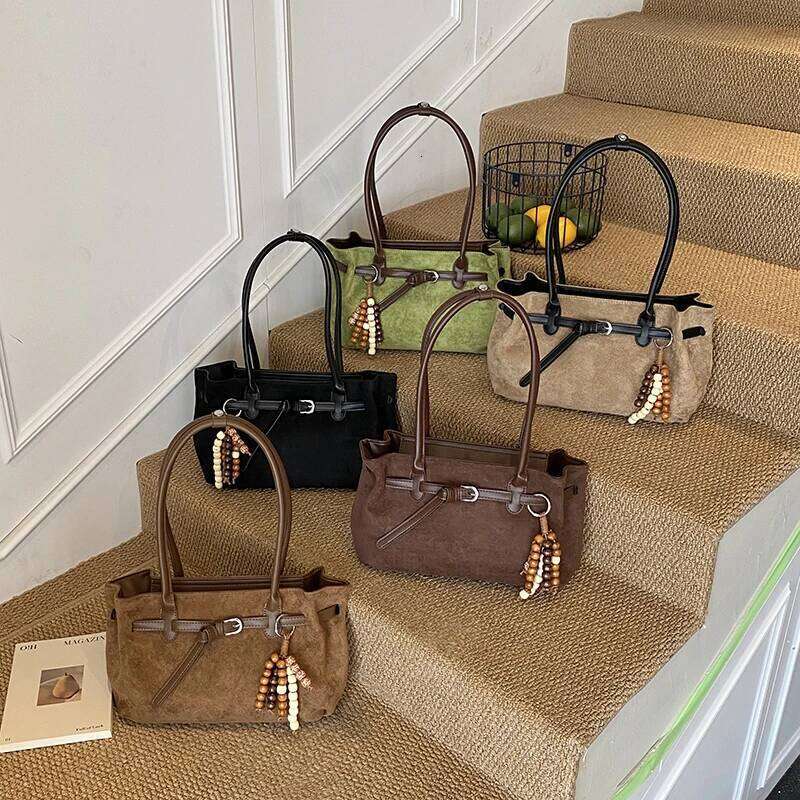 Stylish Vintage Solid Color Imitation Suede Women Shoulder Bag Pendant Buckle Decoration Large Capacity for Outings Commuting XJ260306