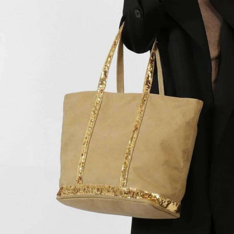 Brand Canvas Sequined Large Capacity Tote Contrast Color Retro Handbag Spacious Crossbody Business Trip Travel Bag XJ260306