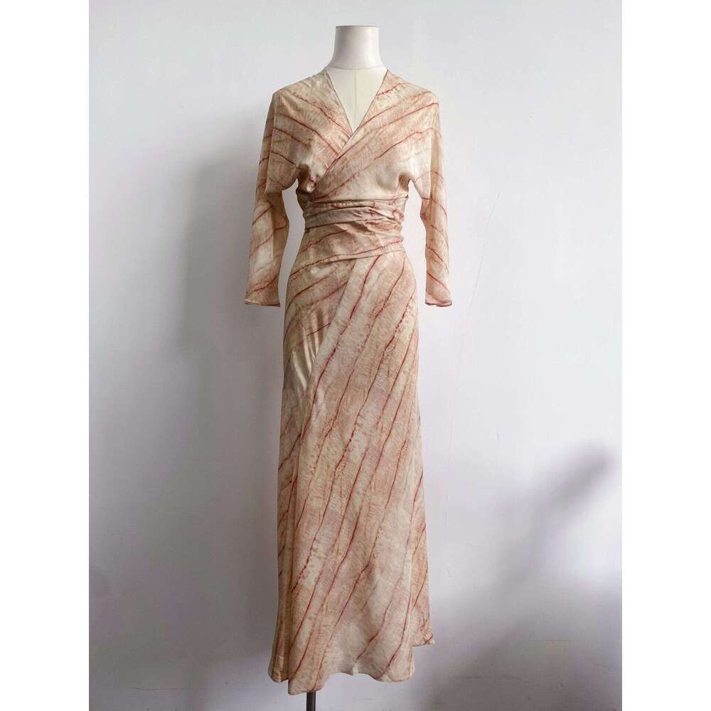 2026 a20 Designer Women's Spring and Summer European and American Loose Fit Elegant Silk Printed Tie Dress Dress