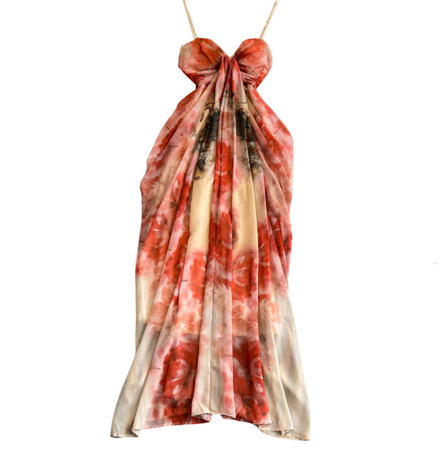 2026 designer niche high-end women's tie dye printed vest dress French pure sexy V-neck backless strapless long style