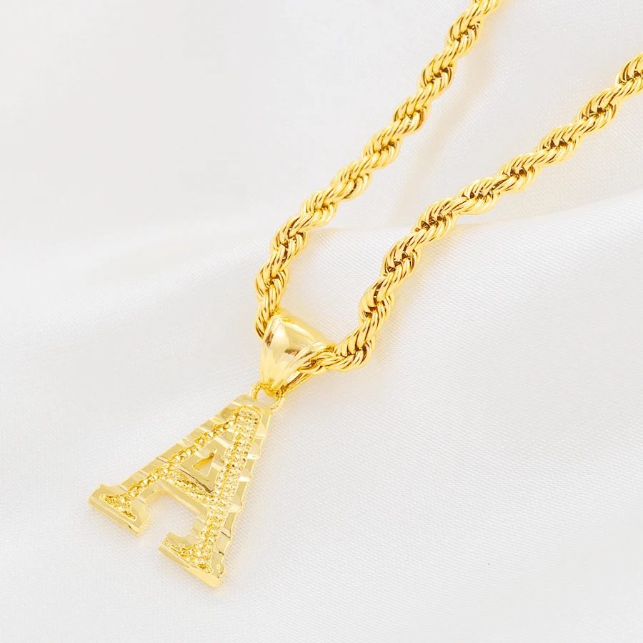 Anniyo A-Z Letters Necklace Men Gold Plated Initial Pendant Rope Chain English Letter Jewelry Alphabet African 058002B 260302 - view 7