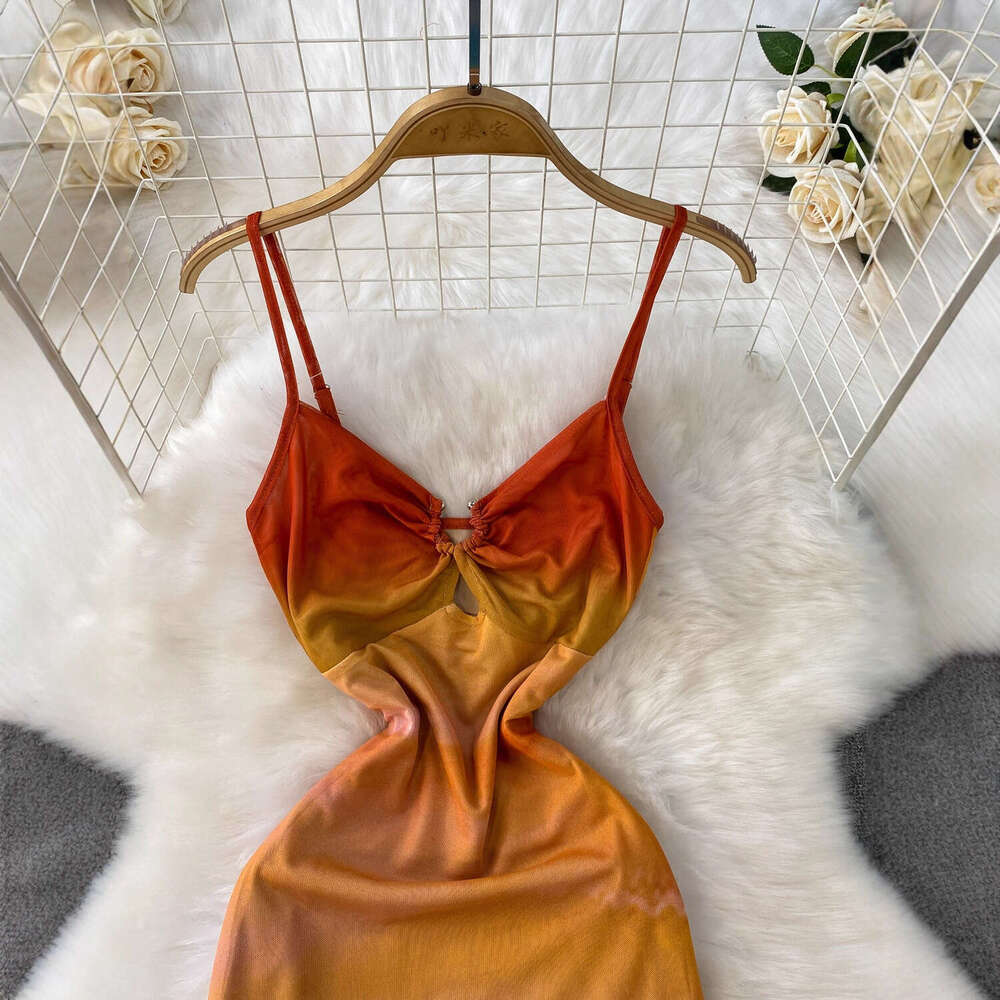 2026 vacation style A13 sexy V-neck women's vest summer high-end gradient color slim fit pure desire mesh dress