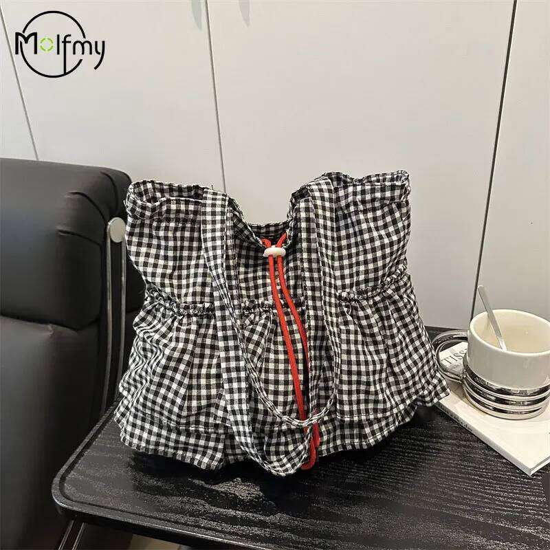 Women's Tote Bag Ruffles Plaid Drawstring Handbag Women Fashion Canvas Shoulder BagsLarge Capacity Korean Bags Bolsos De Mujer XJ260306