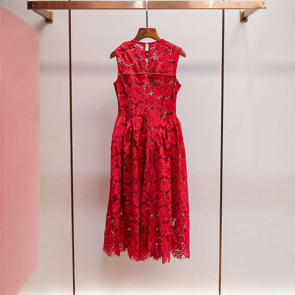 2026 Spring and Summer New High end Social Heavy Lace Hollow A-line Round Neck Sleeveless Women's Long Skirt