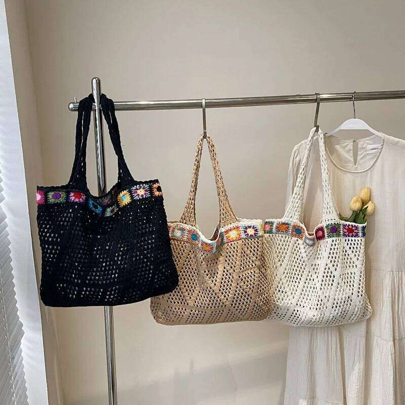 Bohemian Handmade Beach Tote Colorful Beads Floral Trim Natural Straw Crochet Shoulder Women Casual Bag for Travel XJ260306