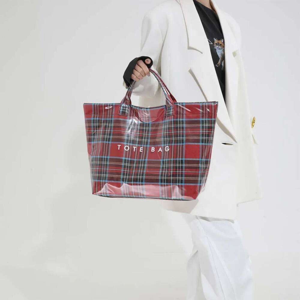 Lightweight Large Capacity Transparent Tote Bag for Women with Classic Grid Lining Velcro PU Water Resistant Comfort Handles XJ260306