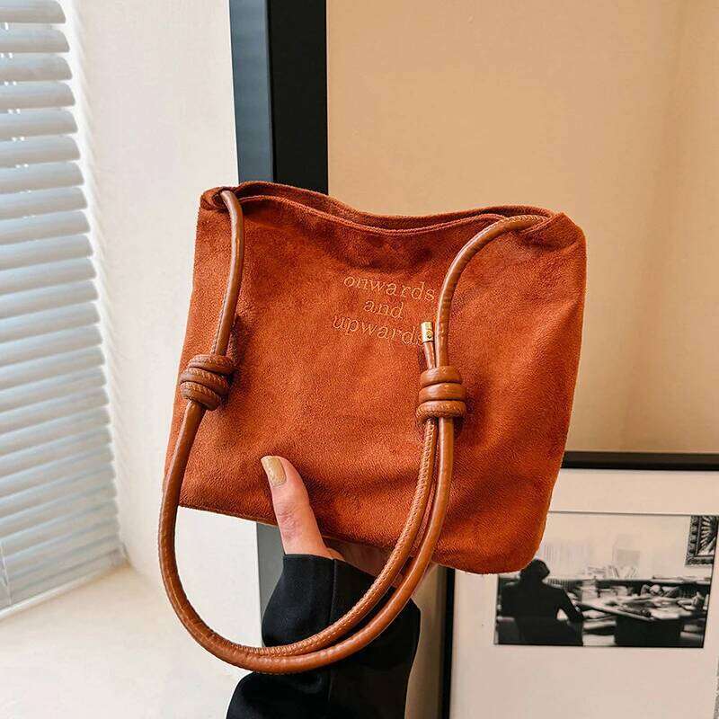 Large Capacity Women's Suede Handbag with Letter Pattern Magnetic Buckle Velvet PU Underarm Bag Retro Korean Style XJ260306