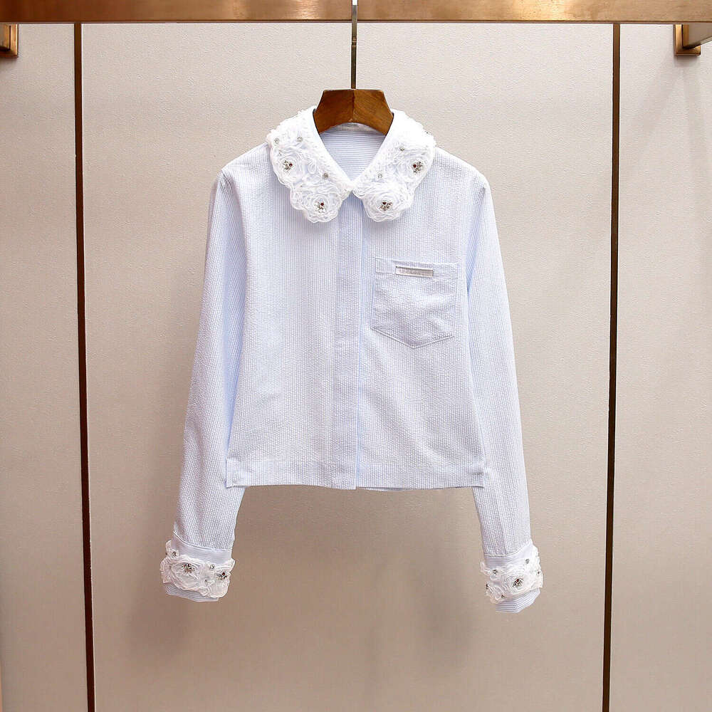 2026 A12 Designer High end Women's Spring New Collection Sweet Lace Beaded Doll Collar Long Sleeve Striped Shirt