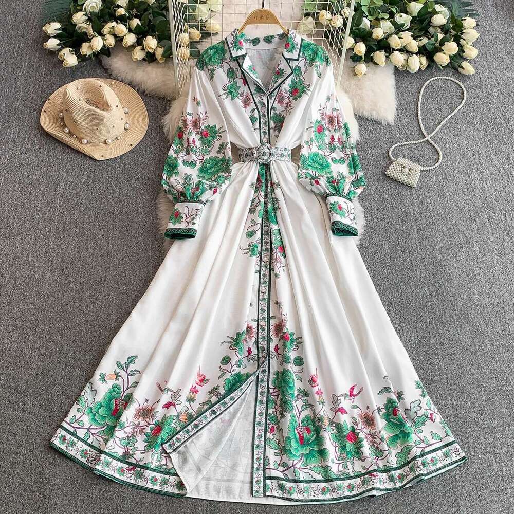 French retro printed dress for women, standing collar with lantern sleeves, spring and autumn with pearl buttons, tie waist, slim fit effect, big hem 