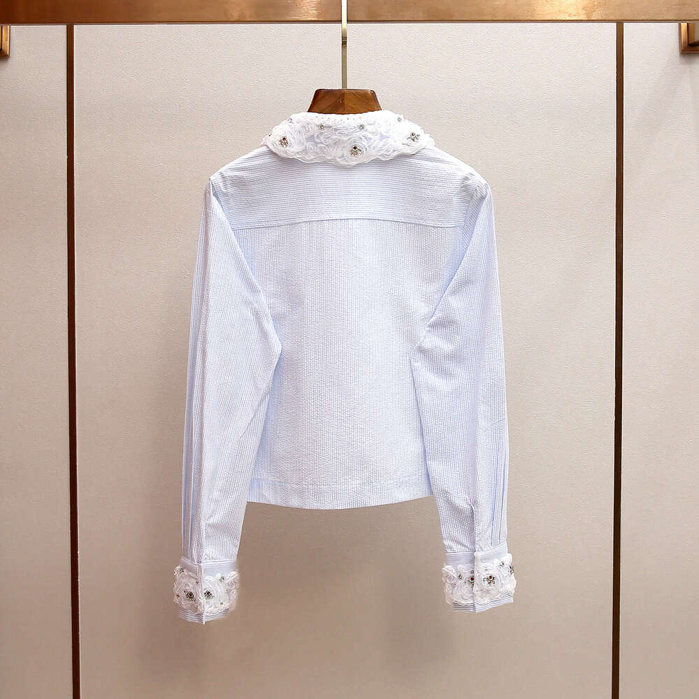 2026 A12 Designer High end Women's Spring New Collection Sweet Lace Beaded Doll Collar Long Sleeve Striped Shirt