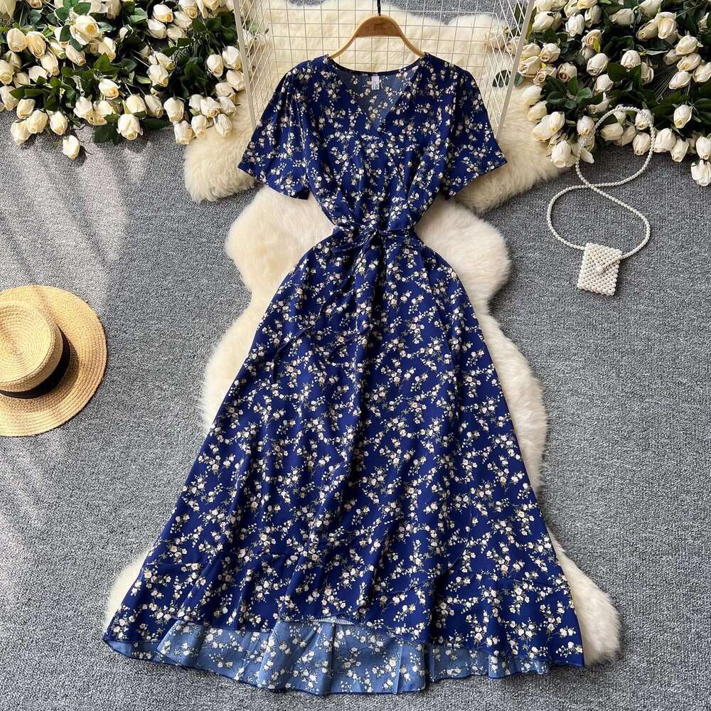Designer slim fit design integrated V-neck tied waist short sleeved women's floral summer elegant French long skirt