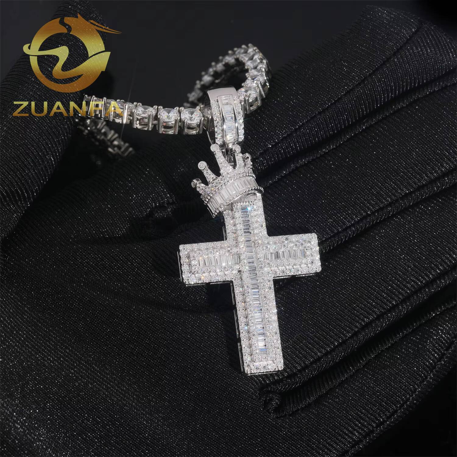 925 Silver Hip Hop Jewelry Iced Out Cross Pendant with Crown VVS Moissanite Diamond Pendant Charm Pass Diamond Tester