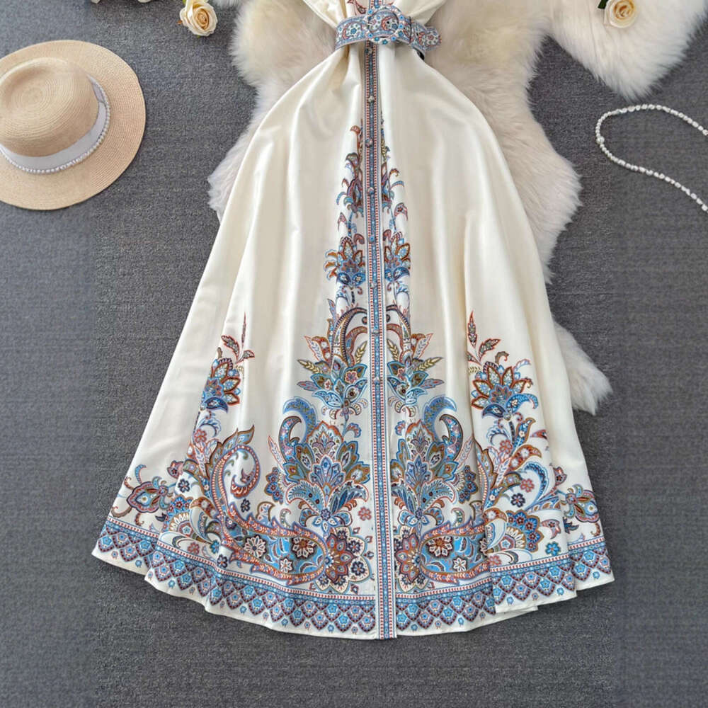 2026 designer high-end luxury style sleeve flowing collar folding waist slimming single breasted A13 A-line printed shirt skirt