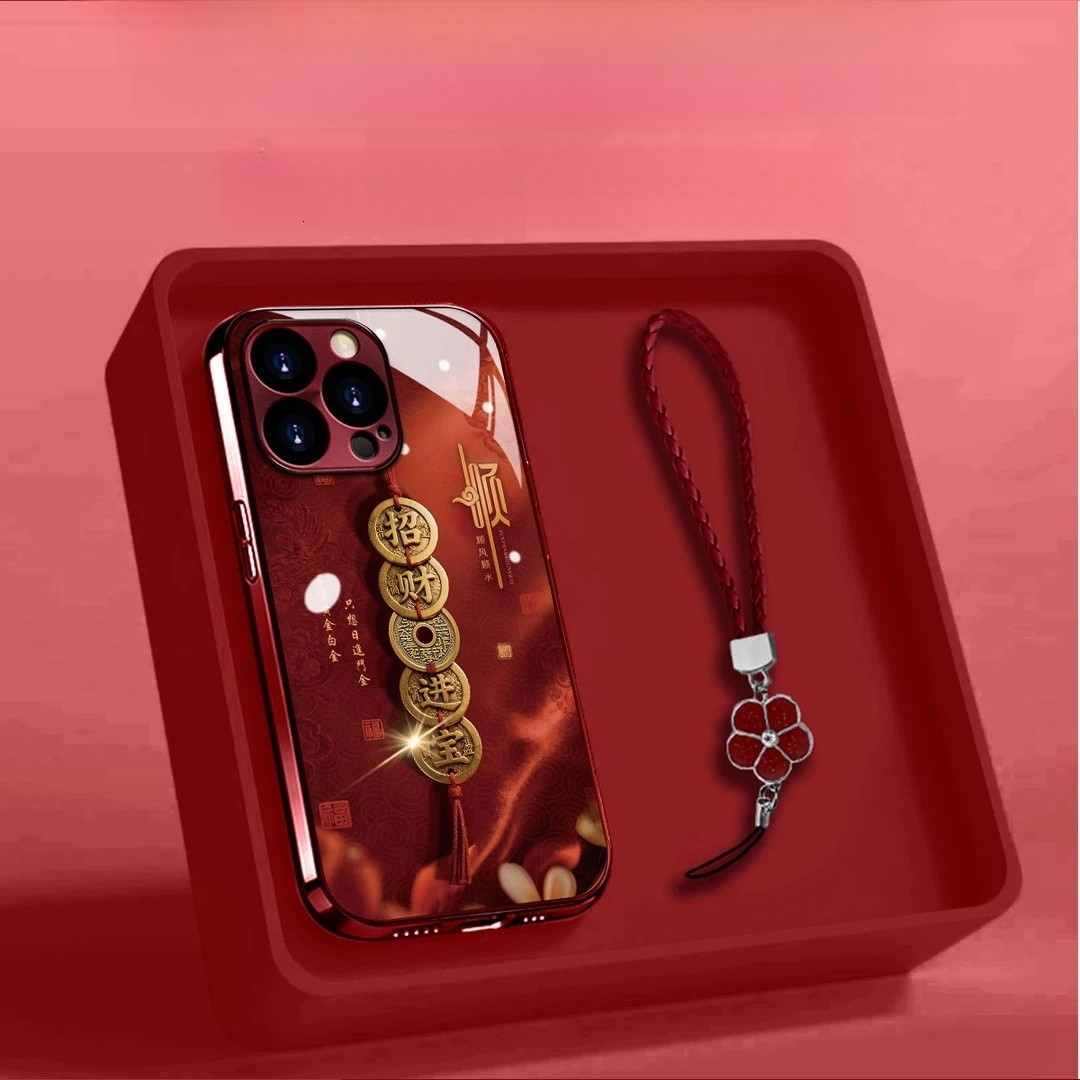 Wine red electroplated glass copper string attracting wealth and treasures, suitable for Apple 17 phone case iPhone 16 PRO MAX New Year