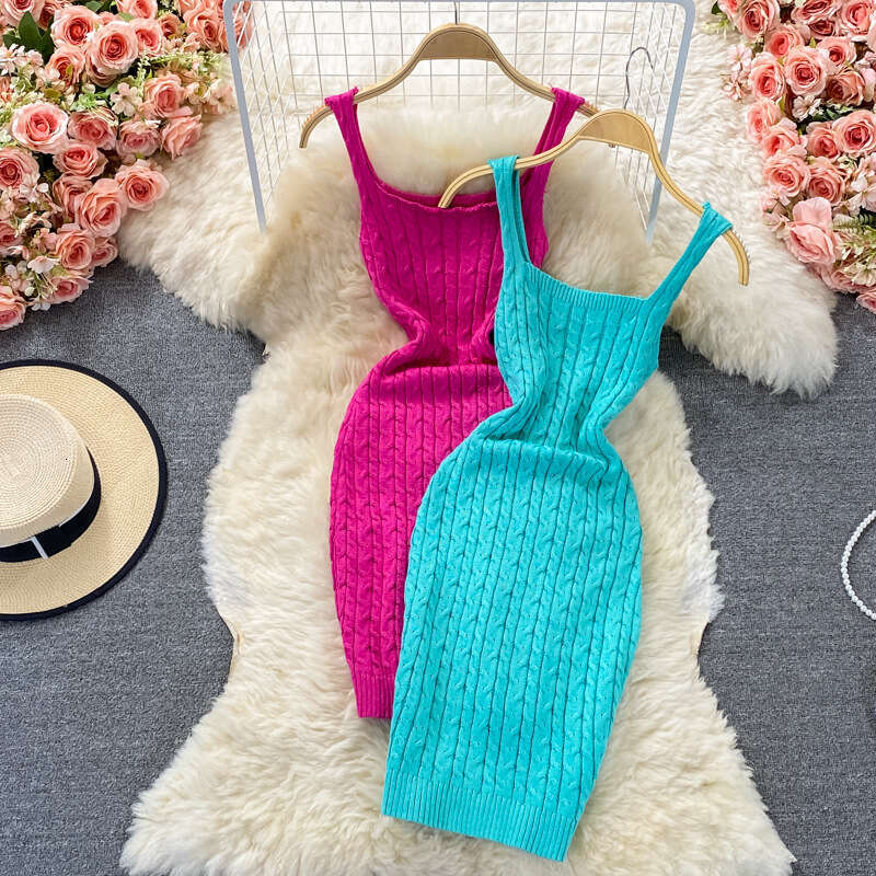 2026 Spring/Summer New Korean Knitted Tank Top, Slimming Waist, Tight Strap Dress