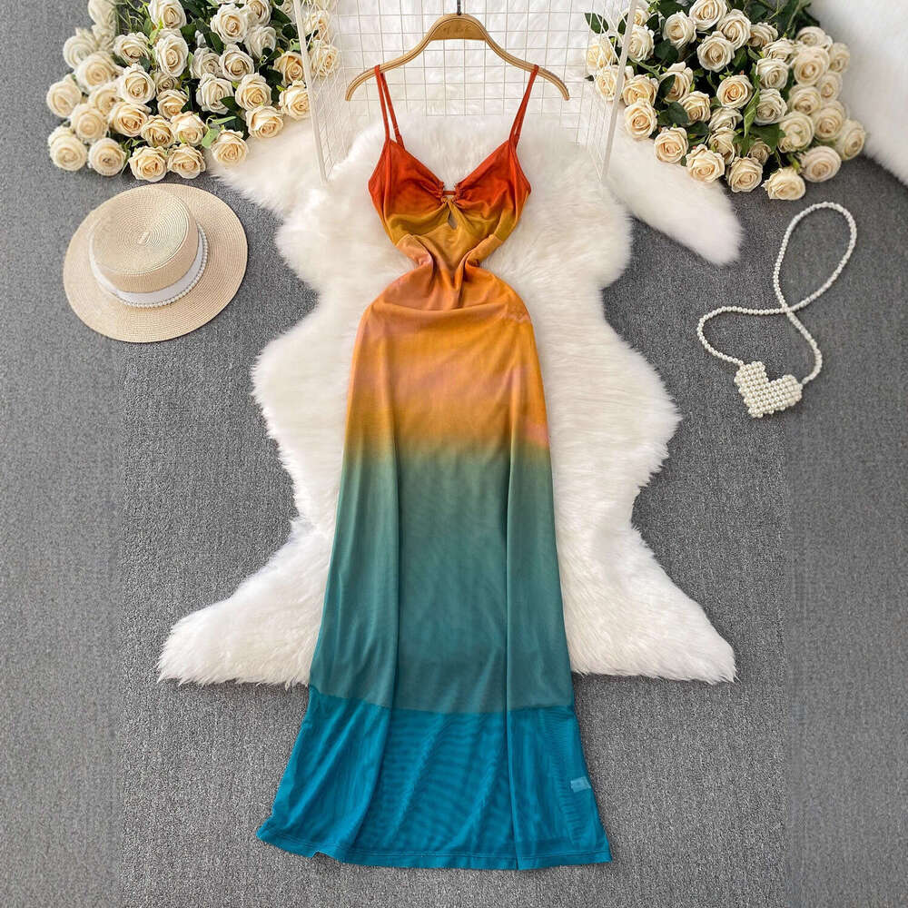 2026 vacation style sexy V-neck women's vest summer high-end gradient color slim fit pure desire mesh dress