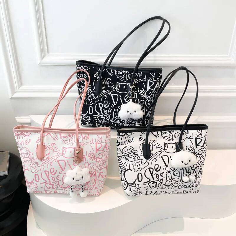 Fashion and Versatile Casual Single Shoulder Handbag with Pendant, Large Capacity Printed Tote Bag, College Style Women's Bags XJ260306