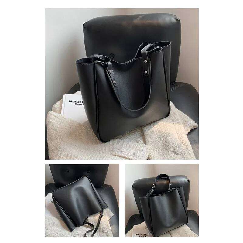 Simple Women Bucket Shoulder New Solid Color Handbags Retro Tote Large Capacity Pu Leather Bags 2024 XJ260306