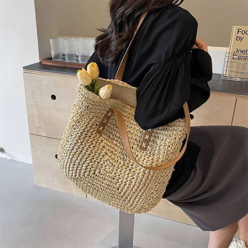 Large Capacity Summer Straw Shoulder Bag Handmade Handbag Tote for Women Travel Beach Shopping Pack Holiday Style XJ260306