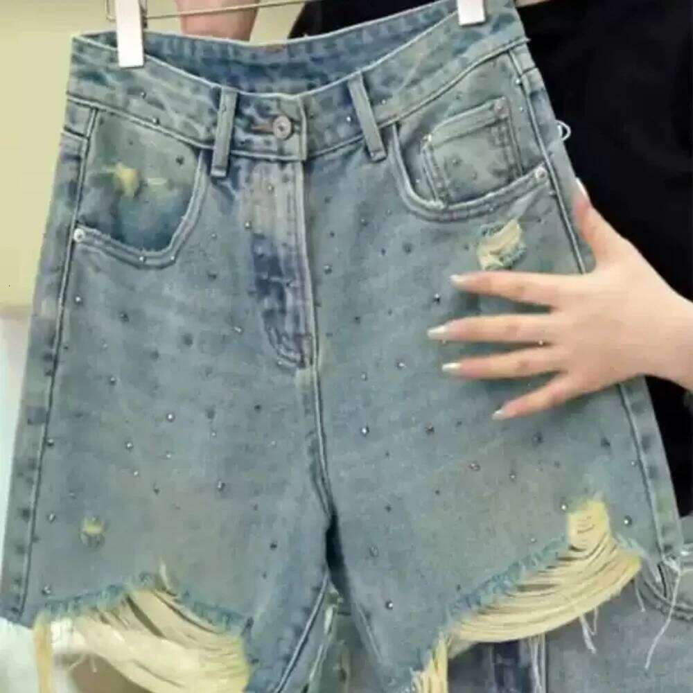 Summer Diamonds Denim Women Designed Chic High Waist Short Jeans Frayed Hole All-Match Shorts Party Club Wear for 18-24Y XJ260306