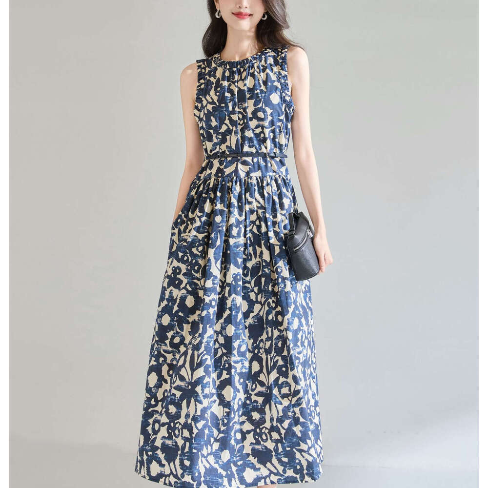 2026 Spring/Summer Designer Hepburn Style Oil Painting Printed Cuff Free Belt Poplin Medium Long Dress