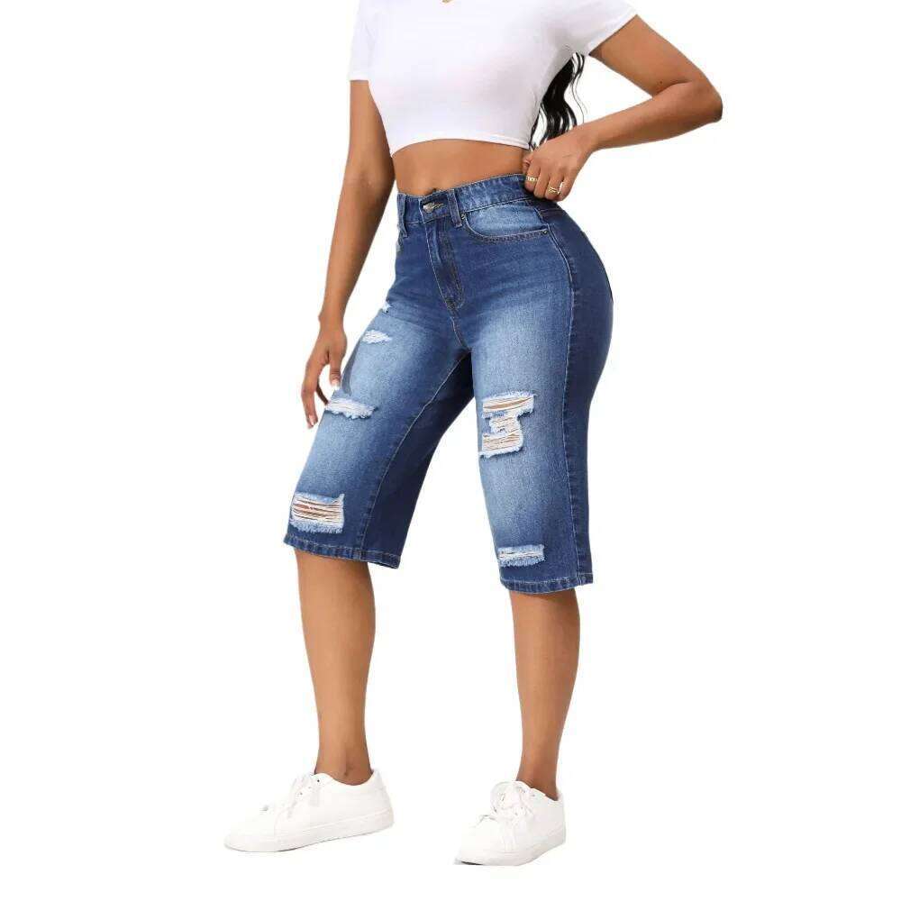Mid-length Washed Ripped High Waist Jeans. New Summer Casual and Loose Comfortable Straight-leg Seven-inch Jeans for Women XJ260306