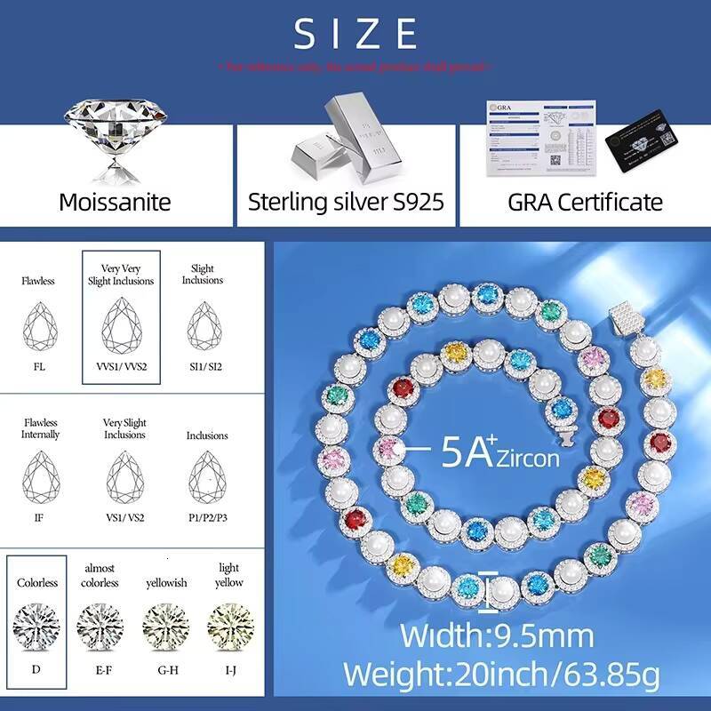 95 MM Gold Plated S925 Sterling Silver Moissanite Diamond Multi-Color Pearl Hip Hop Chain Necklace for Men Women