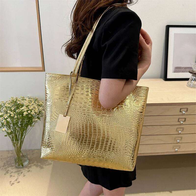Fashion Casual Women Shoulder Silver Gold Black Crocodile Handbag PU Leather Female Big Capcity Tote Bag Ladies Hand Bags XJ260306