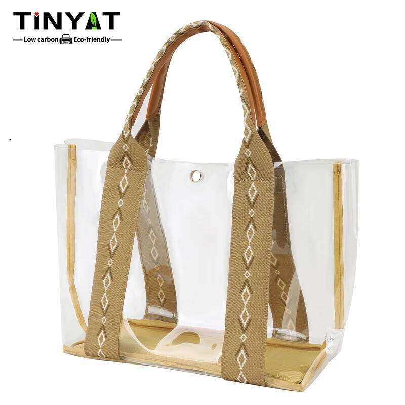 TINYAT Khaki Bohemian Style Clear PVC Tote Bag Women, Transparent Shopper Clutch Purse for Daily Use and Music Festivals XJ260306
