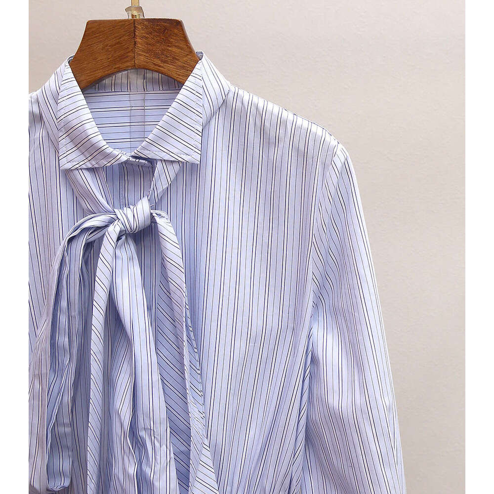 2026 designer high-end women's A12 spring Art Nouveau elegant style lace up lapel slim striped shirt dress