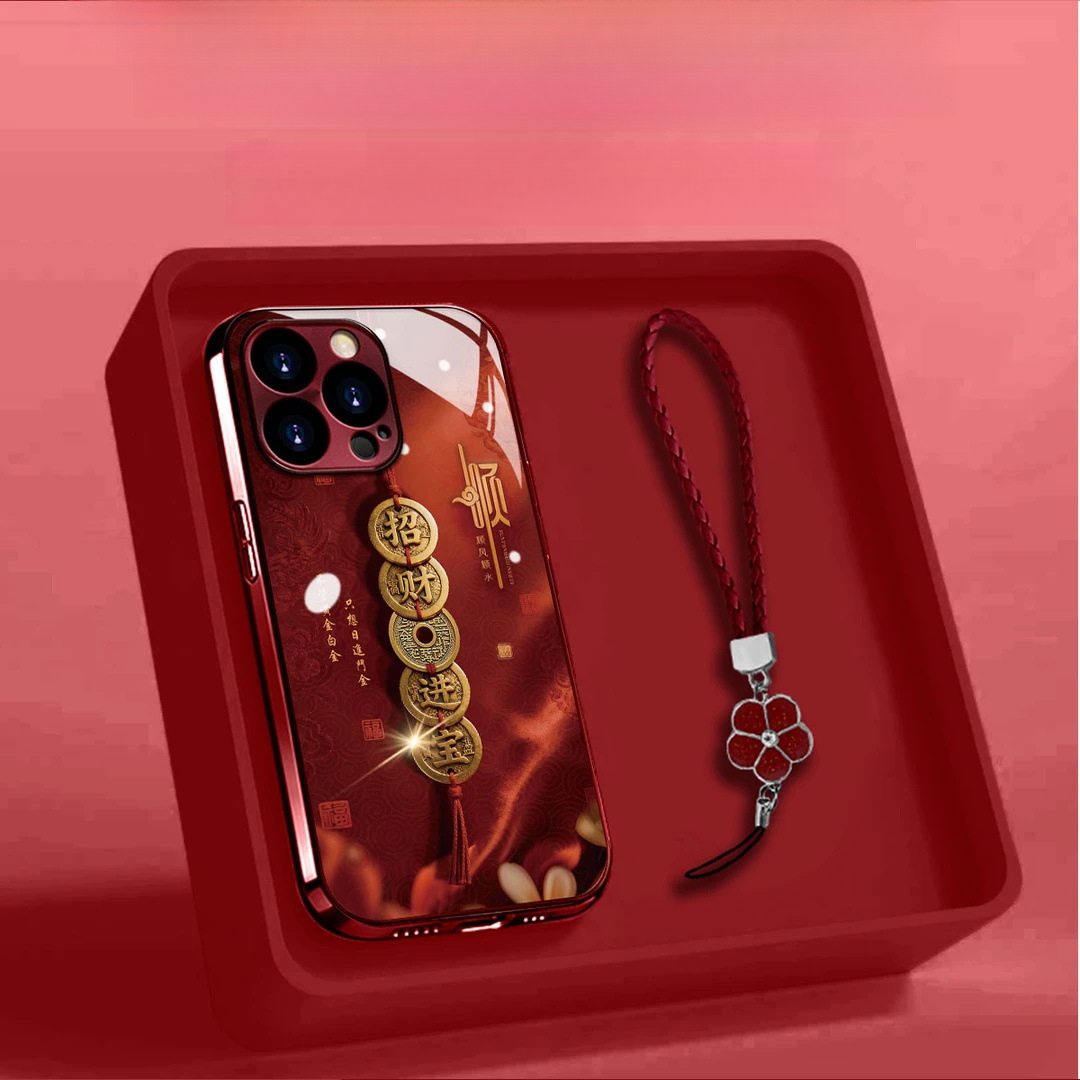 Wine red electroplated glass copper string attracting wealth and treasures, suitable for Apple 17 phone case iPhone 16 PRO MAX New Year
