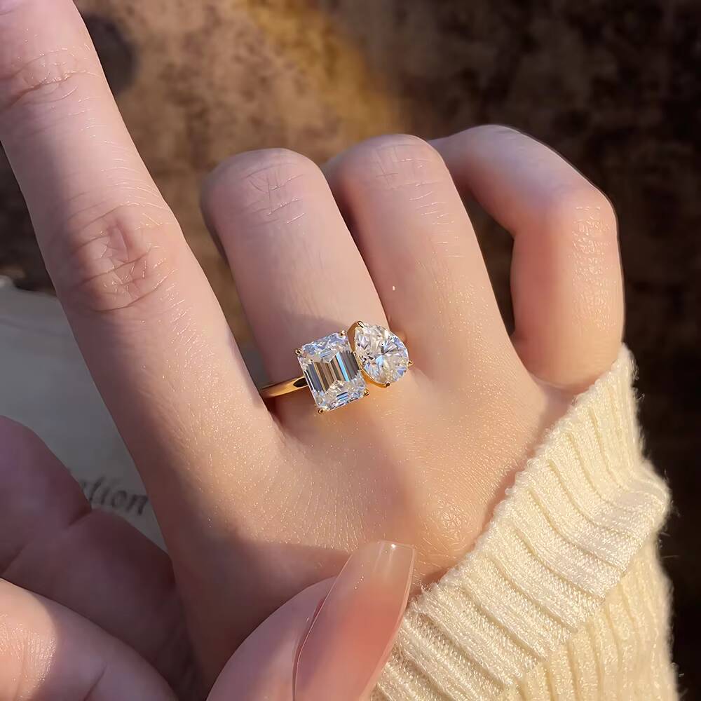 925 Sterling Silver GRA VVS Moissanite Engagement Ring for Women Pear and Princess Cut Toi Et Moi Ring
