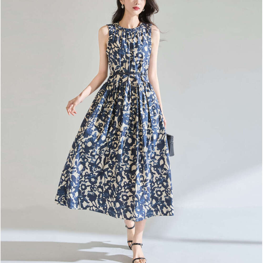 2026 Spring/Summer Designer Hepburn Style Oil Painting Printed Cuff Free Belt Poplin Medium Long Dress