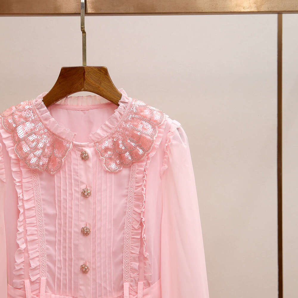 2026 autumn and winter new soft style pink heavy pearl doll collar long sleeved waist pleated flower dress