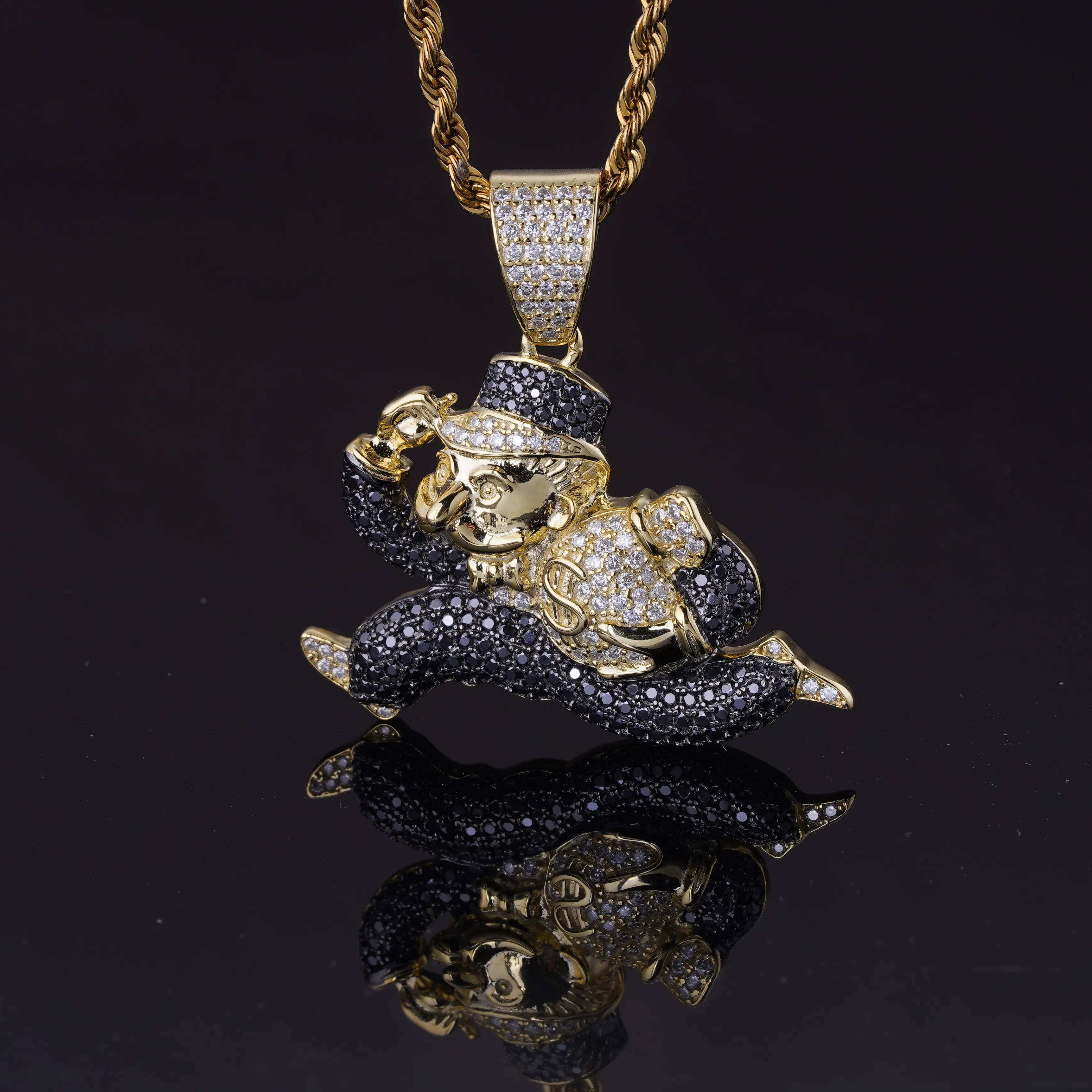Rapper Hip Hop Jewelry S925 Silver Iced Out Real Gold Plated Black Moissanite Monopoly Running Clown Money Bag Pendants for Men
