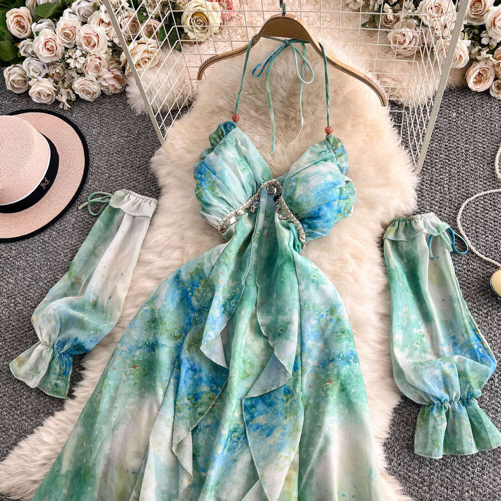 Designer vacation style tie dye sleeveless sexy backless dress, elegant and charming in summer, with an asymmetrical waist like fairy