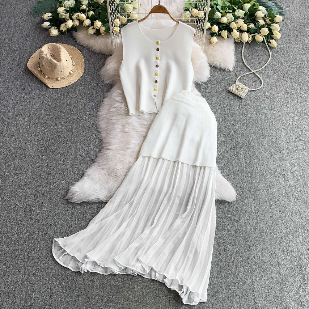 2026 Spring and Summer European and American French New Knitted Dress Sleeveless Tank Top High Waist Skirt Set