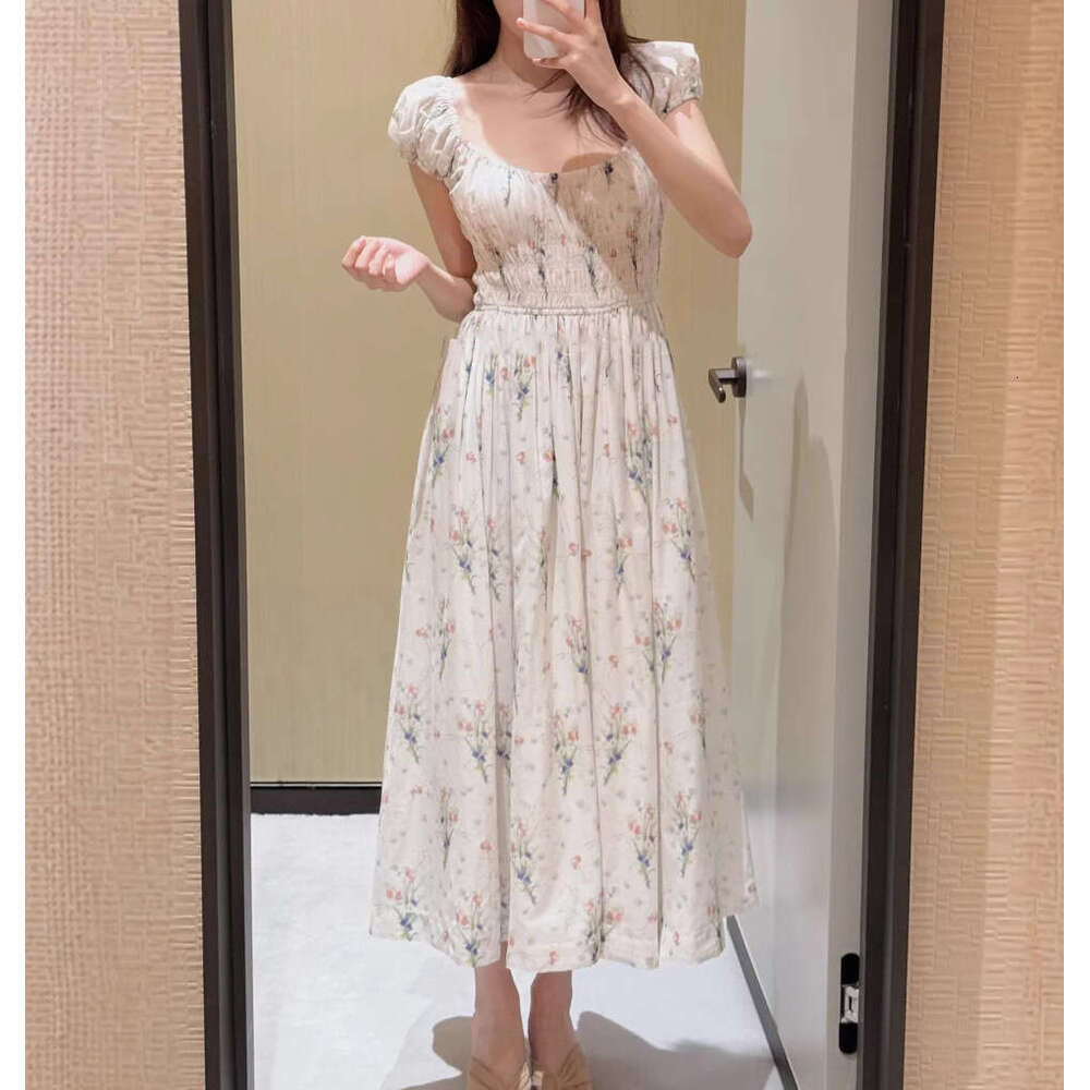 2026 Spring/Summer New Designer Women's Romantic Printed Bubble Sleeves Round Neck Drawstring Waist Skirt