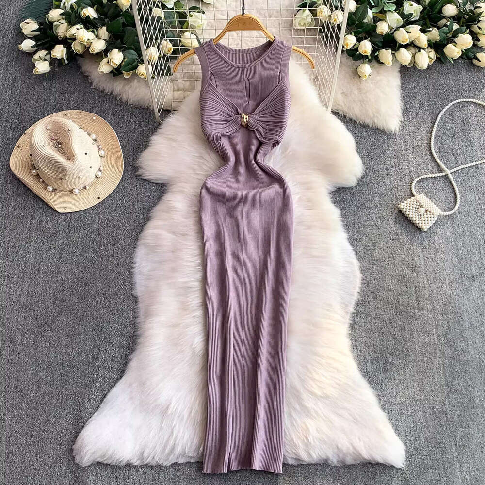 Designer socialite sexy hollow out round neck knitted women's fashionable metal buckle waist slimming long skirt