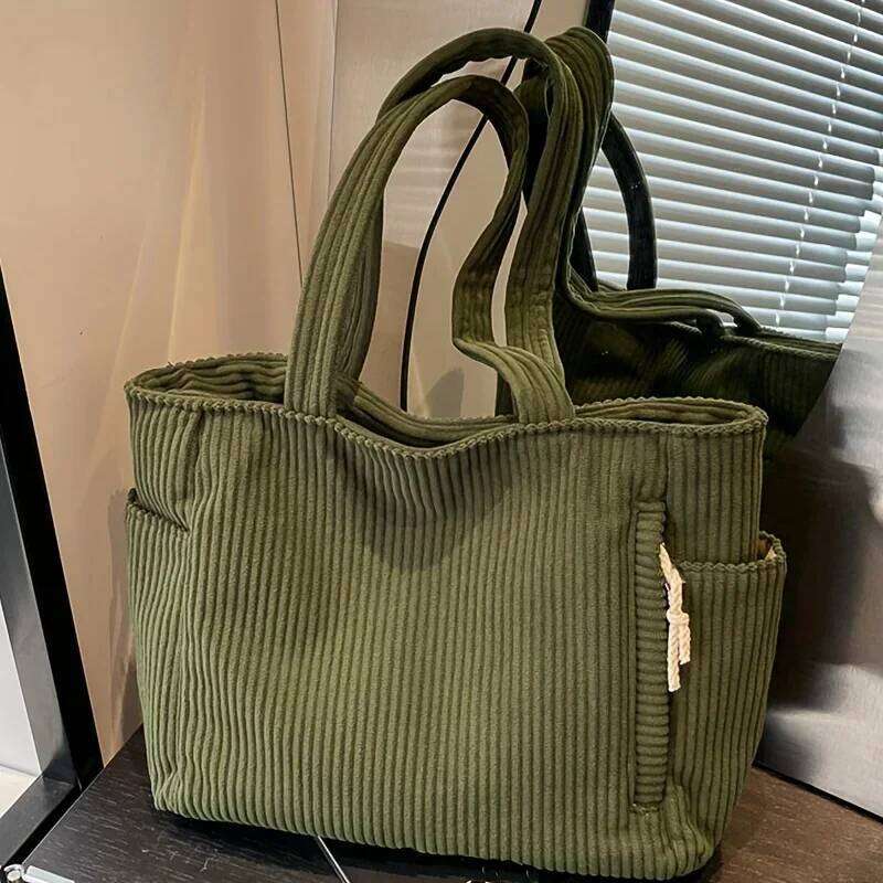Corduroy Tote with Zipper Closure Light and Large Capacity Fixed Shoulder Strap Solid Color Daily Commuter Handbag XJ260306