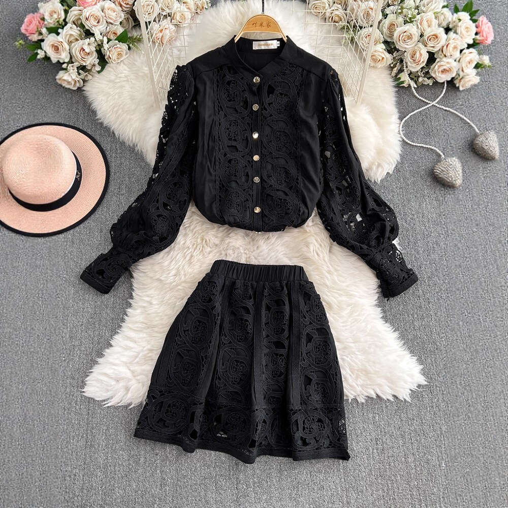 Designer's palace style heavy embroidery A12 hollow out long sleeved shirt top and high waisted short skirt fashionable casual lace
