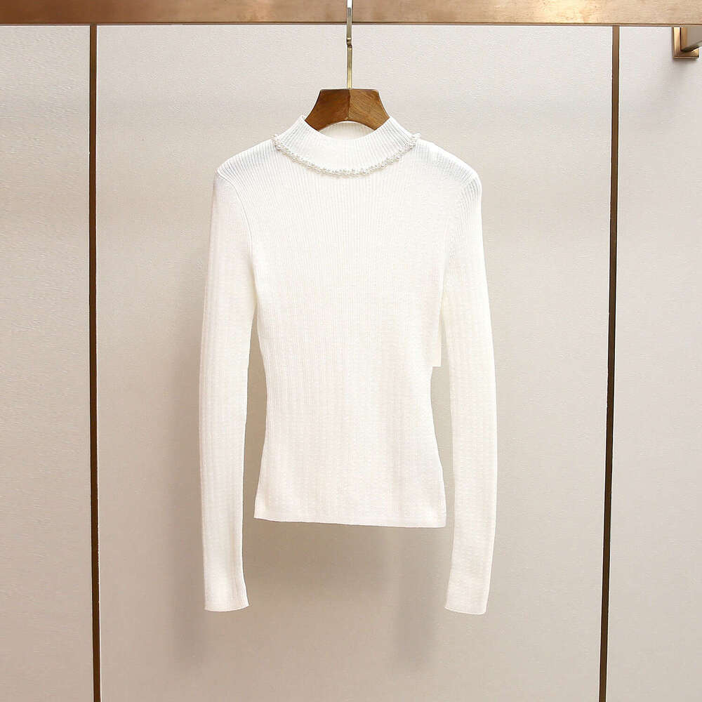 2026 designer high-end women's clothing autumn and A13 winter new style French minimalist pearl decoration semi high neck slim knit top