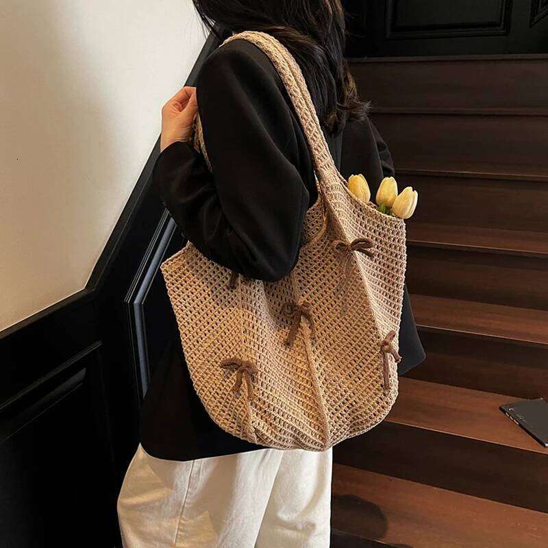 New Khaki Bow Vintage Knit High Quality Woven Large Capacity Daily Wear Shoulder Bag Ladies Hand Bags XJ260306