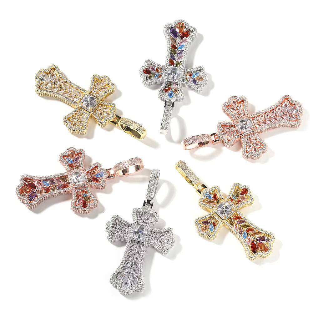 Personalized Fashion New Design Hip Hop Jewelry Colorful Ear of Wheat Shape Rainbow Zircon Cross Pendant Necklace for Women Men