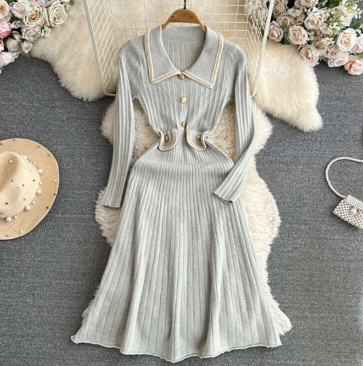 Designer A12 elegant ladylike style contrasting color long sleeved doll collar waist slimming mid length A-line knitted dress