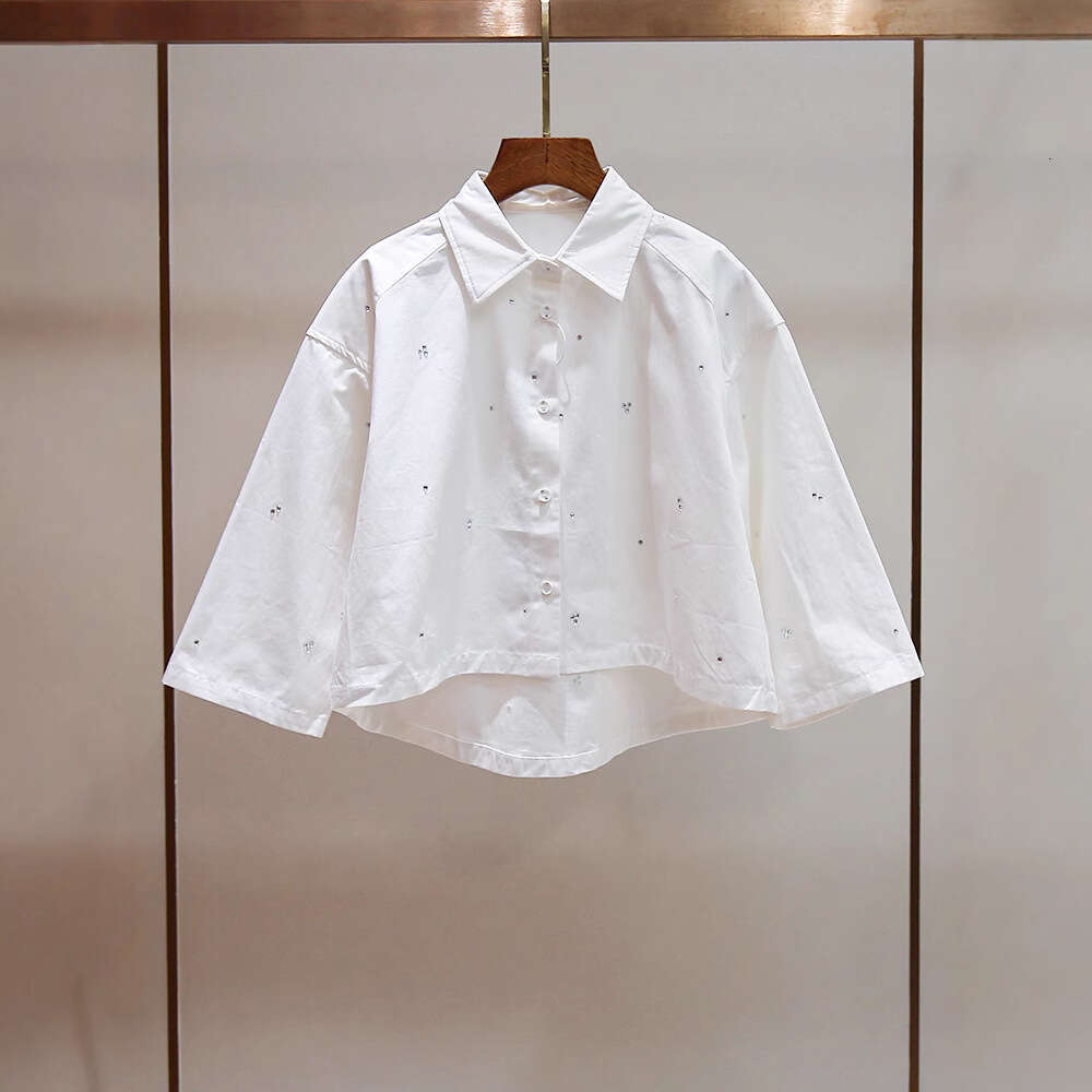 2026 Spring and Summer New French Heavy Beaded Irregular Collar Shirt Top A-line Wide Leg Shorts Set