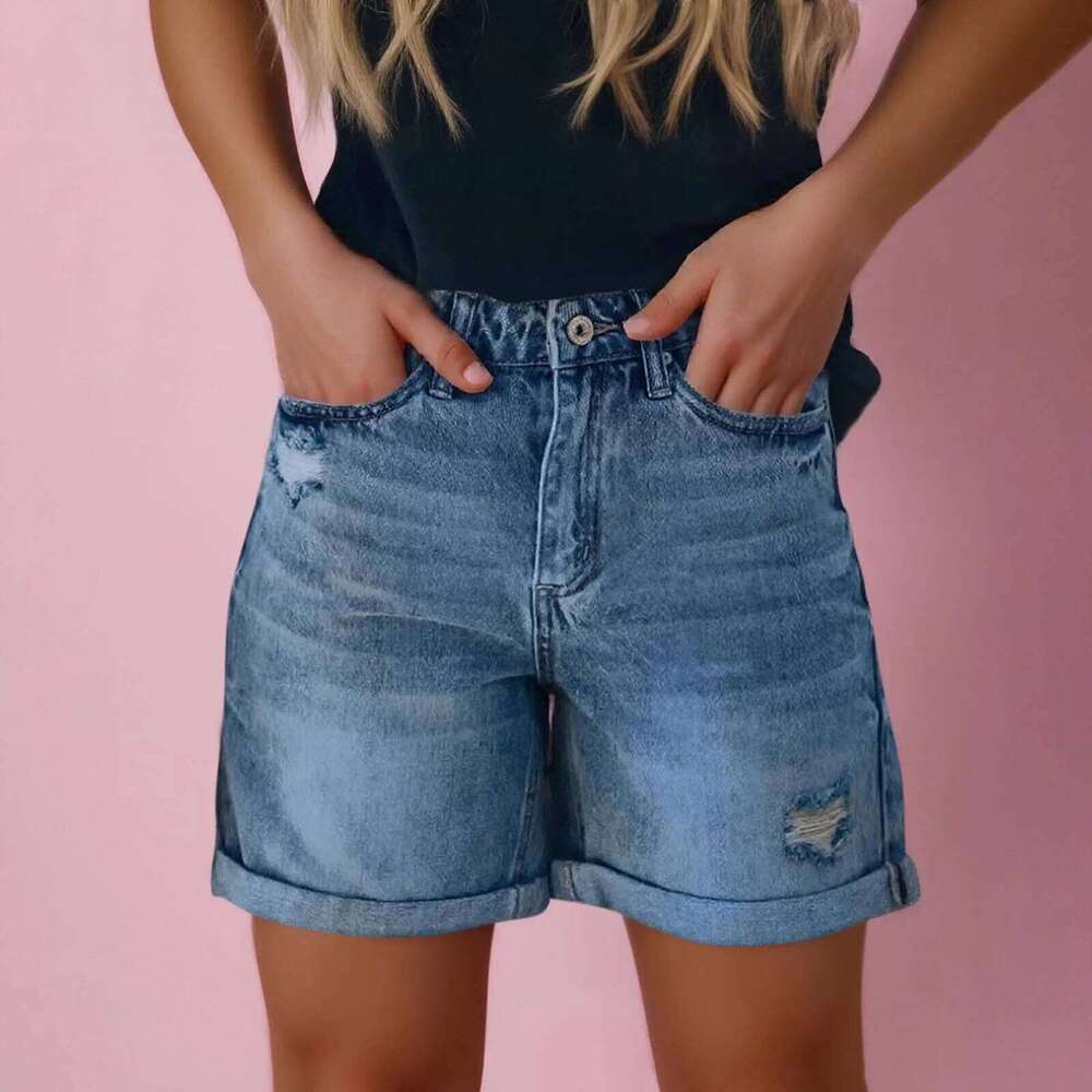 Shorts Jeans Women Denims Distressed High Waist Button Zipper Short Pants Hole Pockets Spliced Lady Straight Streetwear Summer XJ260306